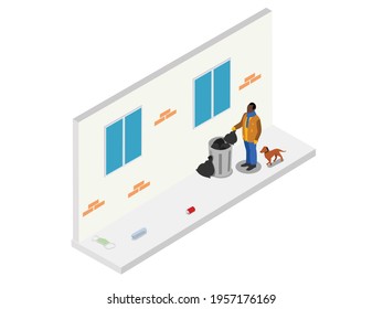 Poverty Vector Concept. Homeless Man Searching Food And Valuables In The Trash Bin While Walking With His Dog On The Roadside