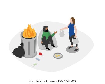 Poverty vector concept. Male beggar hands asks for help from passing people along a road while sitting near dirty trash can