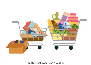 Poverty and wealth.  Trolley is full of products. Trolley with junk and second hand. Vector simple color flat illustration.