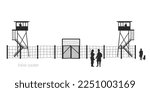 POW camp black silhouette. German war prison background. WW2 military isolated landscape. 1940s germanic soldiers. Watchtower and guards. Vector illustration