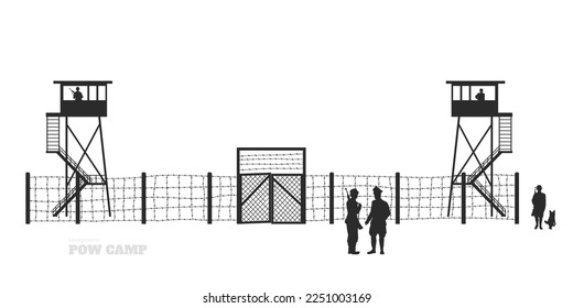 La silueta negra del campamento de prisioneros de guerra. Antecedentes de la prisión de guerra alemana. Los militares de la Segunda Guerra Mundial aislaron el paisaje. Soldados germánicos de los años 1940. Torre de vigilancia y guardias. Ilustración del vector
