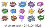 Pow comic bubble collection. Sound dialogue speech bubbles with word - Crash, Oops, Yeah and other. Pop art expression in bright color and black outline.
