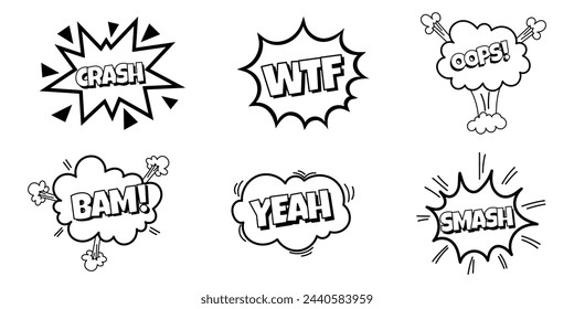 Colección de burbujas de cómic Pow. Sonido diálogo de burbujas de voz con la palabra - Crash, Ups, Sí y otros. Expresión de arte pop en color blanco y negro.