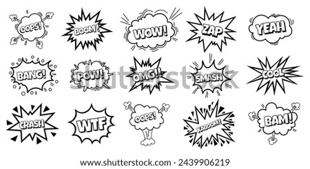 Pow comic bubble collection. Sound dialogue speech bubbles with word - Oops, WOW, Boom and other. Pop art expression in black and white color.
