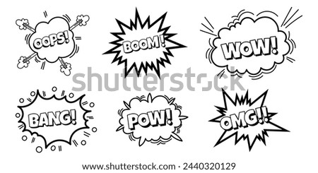 Pow comic bubble collection. Sound dialogue speech bubbles with word - Oops, WOW, Boom and other. Pop art expression in black and white color.