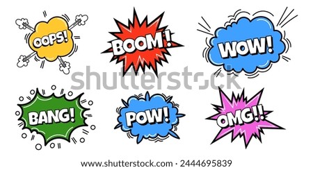 Pow comic bubble collection. Sound dialogue speech bubbles with word - WOW, Bang, OMG and other. Pop art expression in bright color and black outline.