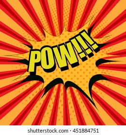 Pow comic cartoon text. Pop-art style. The illustration with speech blot, halftone effect and funny spiral background. Template for web and mobile applications