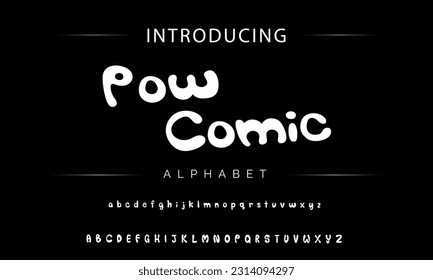 Pow Comic Zeichenstil-Schriftdesign, kindische Buchstaben und Zahlen Vektorgrafik