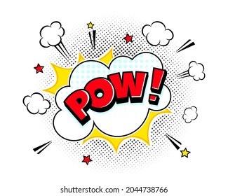 Pow comic speech bubble halftone shadow text expression retro comic style flat design. Dynamic pop art vector illustration isolated on white background.