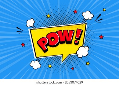 Empujar la burbuja de la voz del cómic la expresión de la sombra del semitono del texto estilo retro cómico diseño plano. Ilustración vectorial de arte pop dinámica aislada en fondo de rayo dinámico.