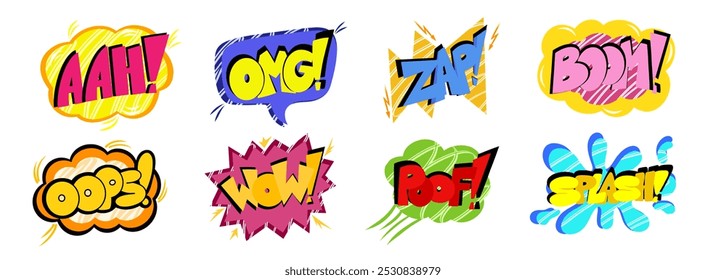 Pow Comic-Sprechblasen mit den Worten gesetzt - OMG, ZAP, OOPS, WOW und andere. Pop-Art im Stil der 90er Jahre in hellen Farben. Vektor Comic Cartoon Sound Blase Sprache.
