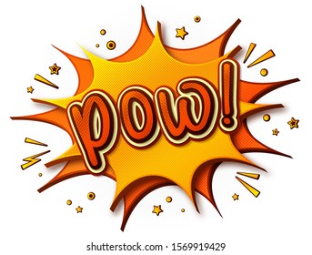 Pow Comics poster. Thought bubble and sound effects on white background. Colorful funny banner in pop art style. Yellow-orange cartoon banner with halftone effect. Vector illustration