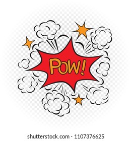 Pow explode cartoon illustration on transparent white background. Comic book explosion sign symbol
