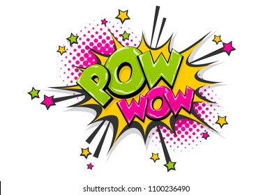 Pow gun wow comic text speech bubble. Colored pop art style sound effect. Halftone vector illustration banner. Vintage comics book poster. Colored funny cloud font.