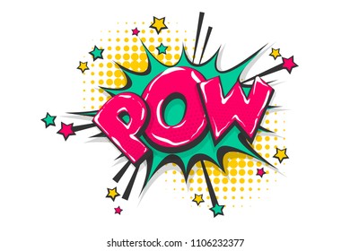 Pow gun wow comic text speech bubble. Colored pop art style sound effect. Halftone vector illustration banner. Vintage comics book poster. Colored funny cloud font.