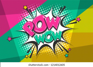 Pow gun wow comic text speech bubble. Colored pop art style sound effect. Halftone vector illustration banner. Vintage comics book poster. Colored funny cloud font.