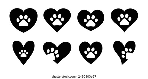 Pow with heart dog, cat animal pow or footprint icon set in black and white color for animal lovers. Animal footprint with heart. Footprint and heart icons collection. Heart and pet paw print dog cat.