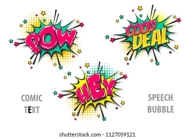 pow, hey good deal pop art style set hand drawn sound effects template comics book text speech bubble. Halftone dot background.