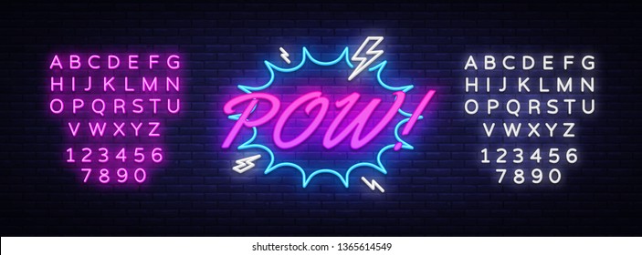 Pow Neon Text Vector. Comic lettering Pow neon sign, design template, modern trend design, night neon signboard, speech bubble, light banner. Vector illustration. Editing text neon sign