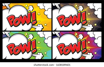 Pow pop art cloud bubble Set. Funny speech bubble. Trendy Colorful retro vintage background in pop art retro comic style. Illustration easy editable 