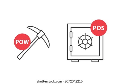 Iconos de concepto POW (Prueba de trabajo) y POS (Prueba de toma), métodos para obtener criptomonedas - ilustración vectorial