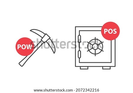 POW (Proof of Work) and POS (Proof of Stake) concept icons, methods of obtaining cryptocurrencies - vector illustration