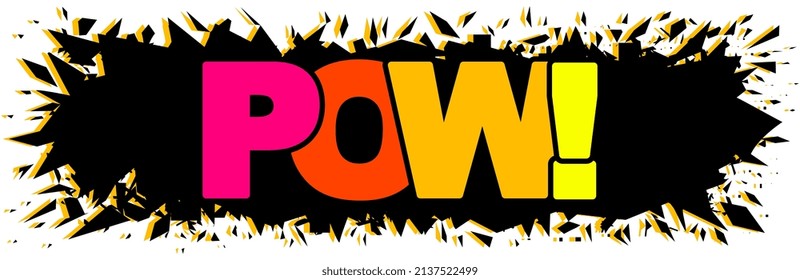 POW-Regenbogentext auf schwarzem Explosionshintergrund. Blast Comic Wort, POW! Buchstabenschrift, Bang-Druck, bunte Vektorgrafik von Pop