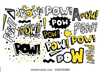 Pow retro collection. Vector hand drawn lettering quote in popular pop art style. Funny cartoon explosion