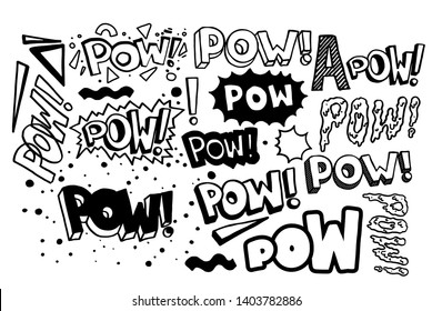 Pow retro collection. Vector hand drawn lettering quote in popular pop art style. Funny cartoon explosion