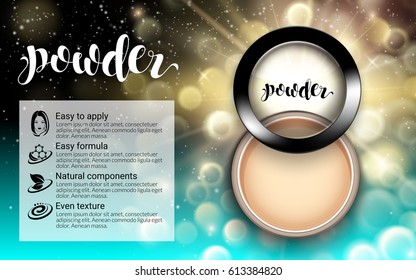 Powder in Black Round Plastic Case Top View. Glamorous Fashion Cosmetic Makeup. Flowing liquid texture. Dark blur Bokeh background. Ads Advertising Banner Billboard Poster. 3D Vector Illustration.