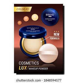 Paquete Polvo en blanco Vector de póster de promoción creativa. Banner de publicidad de productos cosméticos de lujo oprimido en polvo para mejillas de brillo. Ilustración de la plantilla de la plantilla de concepto de diseño de accesorio de imagen femenina hermosa
