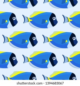 Powder blue tang fish seamless pattern. Acanthurus surgeon fish wallpaper on blue background