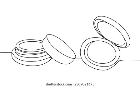 Powder and blush. Makeup cosmetics. International Make-Up Day. One line drawing for different uses. Vector illustration.