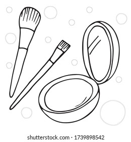 Powder box with mirror.  As well as large and small brushes.  The background is additionally decorated with circles.  Illustration drawn in outline on a white background.