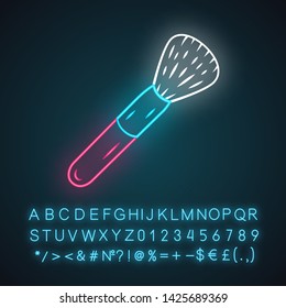 Powder brush, cosmetic equipment neon light icon. Glowing sign with alphabet, numbers and symbols. Professional makeup tool vector isolated illustration. Beauty salon accessory, foundation tassel