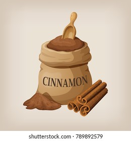 Powder of cinnamon in a canvas bag and cinnamon sticks. Vector illustration.
