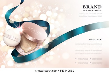 Powder cushion ads, golden pink product with blue ribbon isolated on sparkling bokeh background, 3d illustration