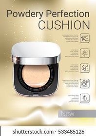 Powder cushion ads. Vector Illustration with powder cushion container.