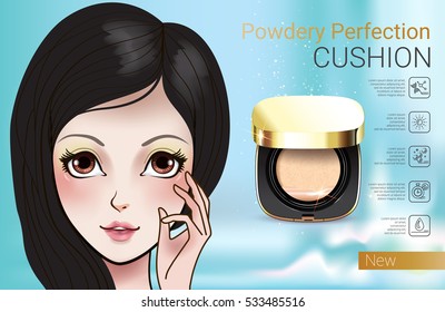 Powder cushion ads. Vector Illustration with Manga style girl and powder cushion container.