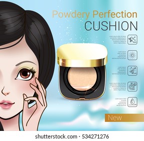 Powder cushion ads. Vector Illustration with Manga style girl and powder cushion container.