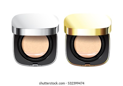 Powder cushion in different color of containers. Vector illustration realistic powder cushion.