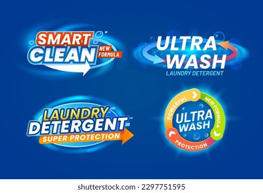 Powder or detergent color labels. Vector laundry cleaning service, liquid soap ultra wash new smart formula branding or ads badges set with typography, arrows and soap bubbles on blue background