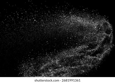 Powder dust particle explosion black background white. Abstract spray cloud dispersion flying. Motion dynamic texture scatter isolated burst splash flow energy impact airborne