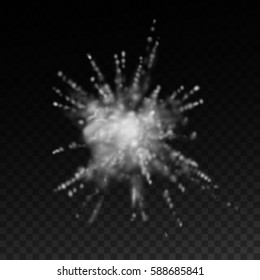 Powder explosion isolated on transparent checkered background. Vector illustration of explosive cloud.