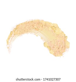 Powder Face Skin Cosmetics Make-up Smear Vector. Crumbled Natural Beauty Facial Yellow Visage Paint Powder, Dry Mineral Cosmetology Product. Skincare Brushstroke Layout Realistic 3d Illustration