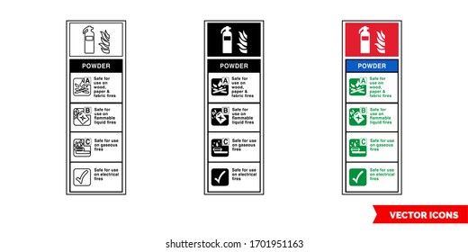 Powder fire extinguisher id sign icon of 3 types: color, black and white, outline. Isolated vector sign symbol.