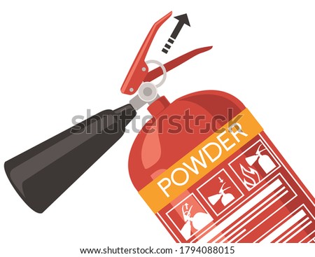 Powder fire extinguisher with safe labels simple tips how to use icons flat vector illustration on white background