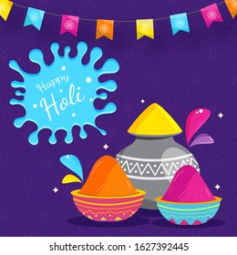 Powder (Gulal) in Mud Pot with Bowls and Bunting Flag Decorated on Purple Flower Pattern Background for Happy Holi Celebration.