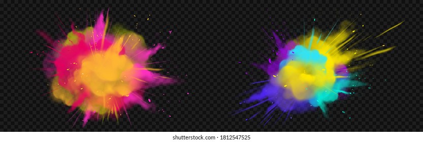 Powder Holi paints colorful clouds or explosions, ink splashes, decorative vibrant dye for festival isolated on transparent background, traditional indian holiday. Realistic 3d vector illustration