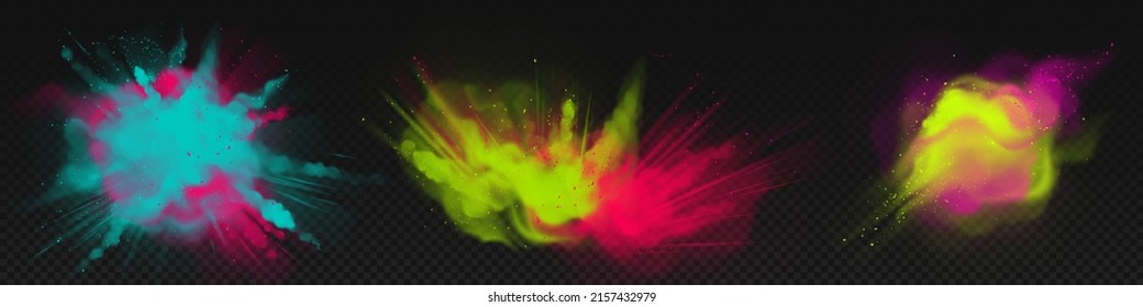 Powder Holi paints, colorful clouds or explosions, ink splashes, decorative vibrant dye for festival isolated on transparent background, traditional indian holiday. Realistic 3d vector illustration